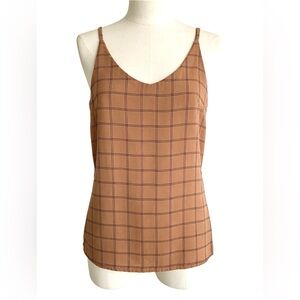 Flowy Grid Check V-Neck Sleeveless Cami Top Spaghetti Straps Camisoles Brown